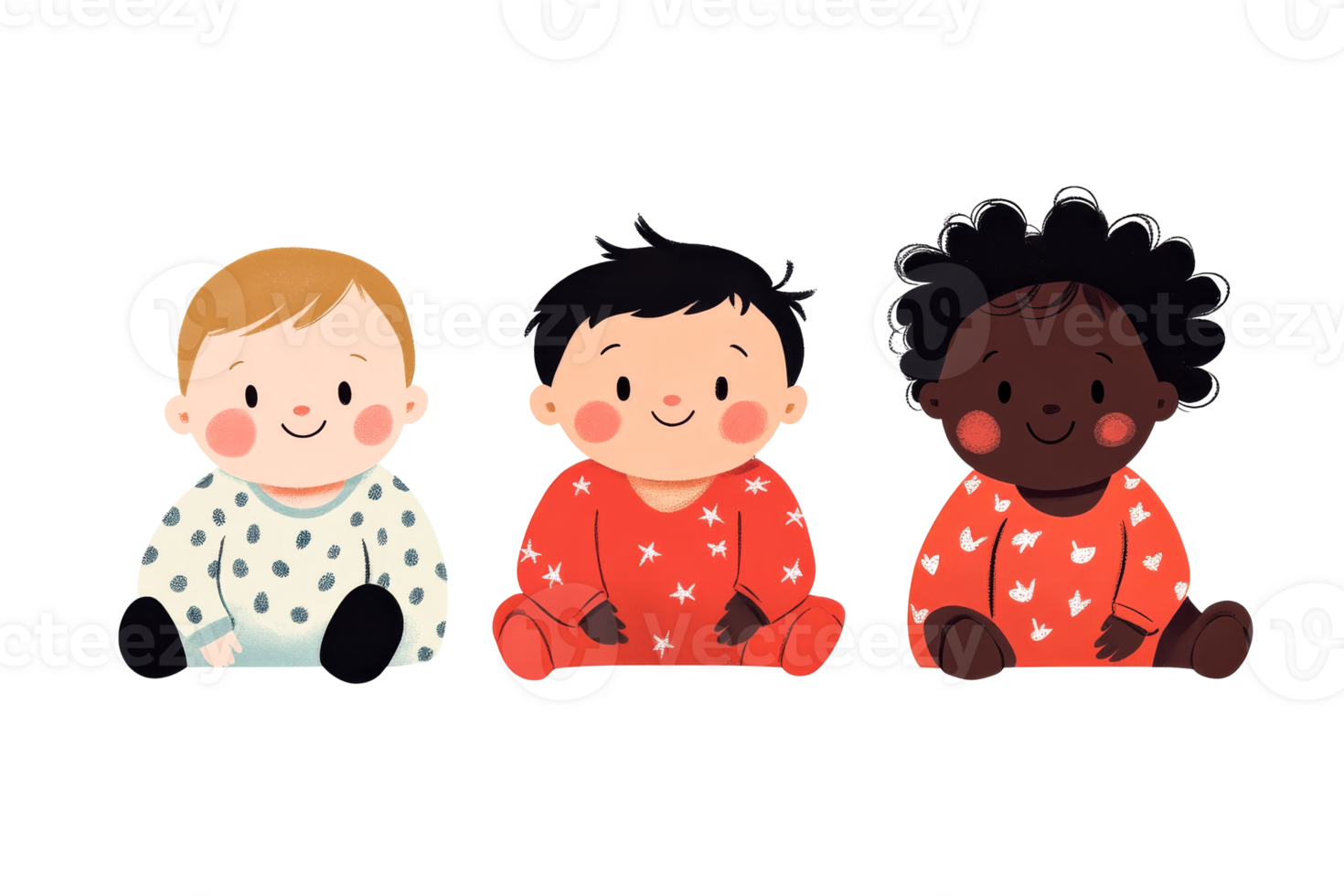 Three babies are seated side by side, wearing colorful pajamas png