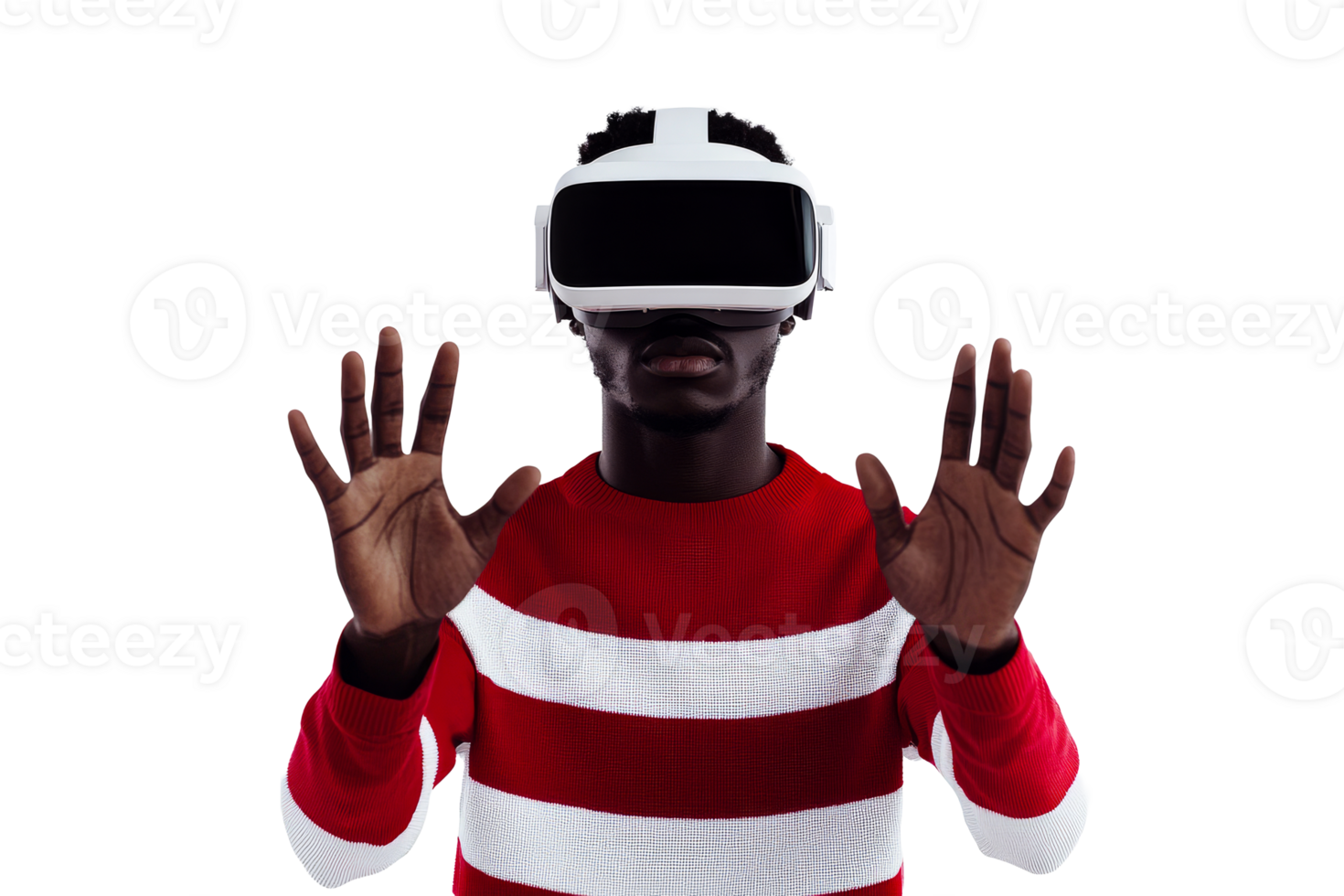 Engaging in virtual reality with hands raised for interaction png