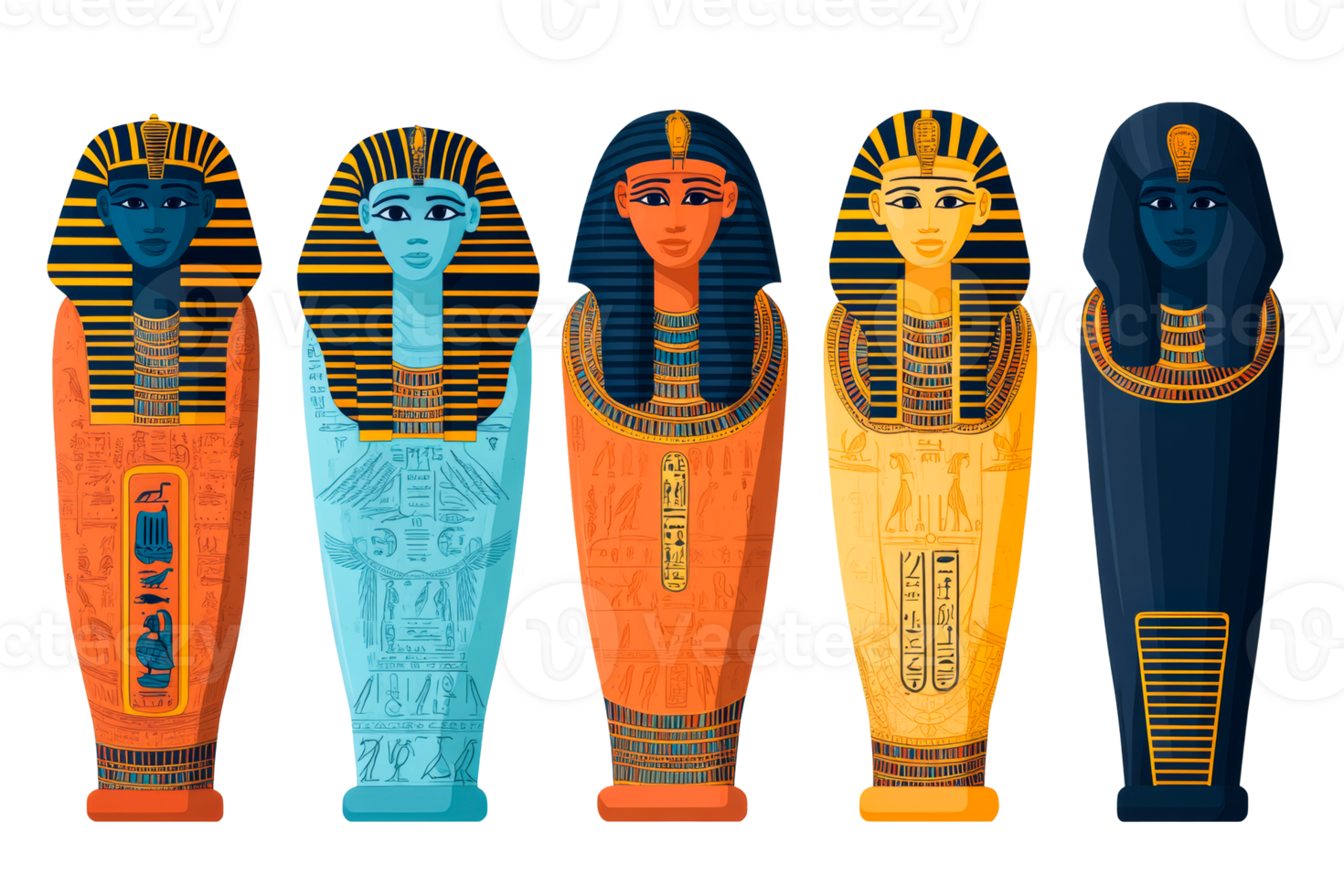 Colorful depictions of ancient Egyptian sarcophagi with hieroglyphs png