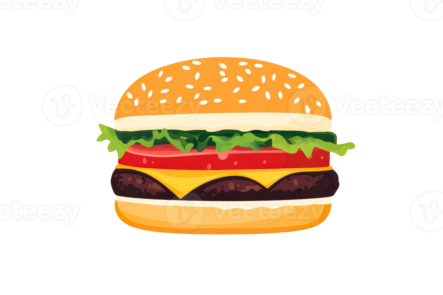 Burger with lettuce, tomato, and cheese on clear bg png