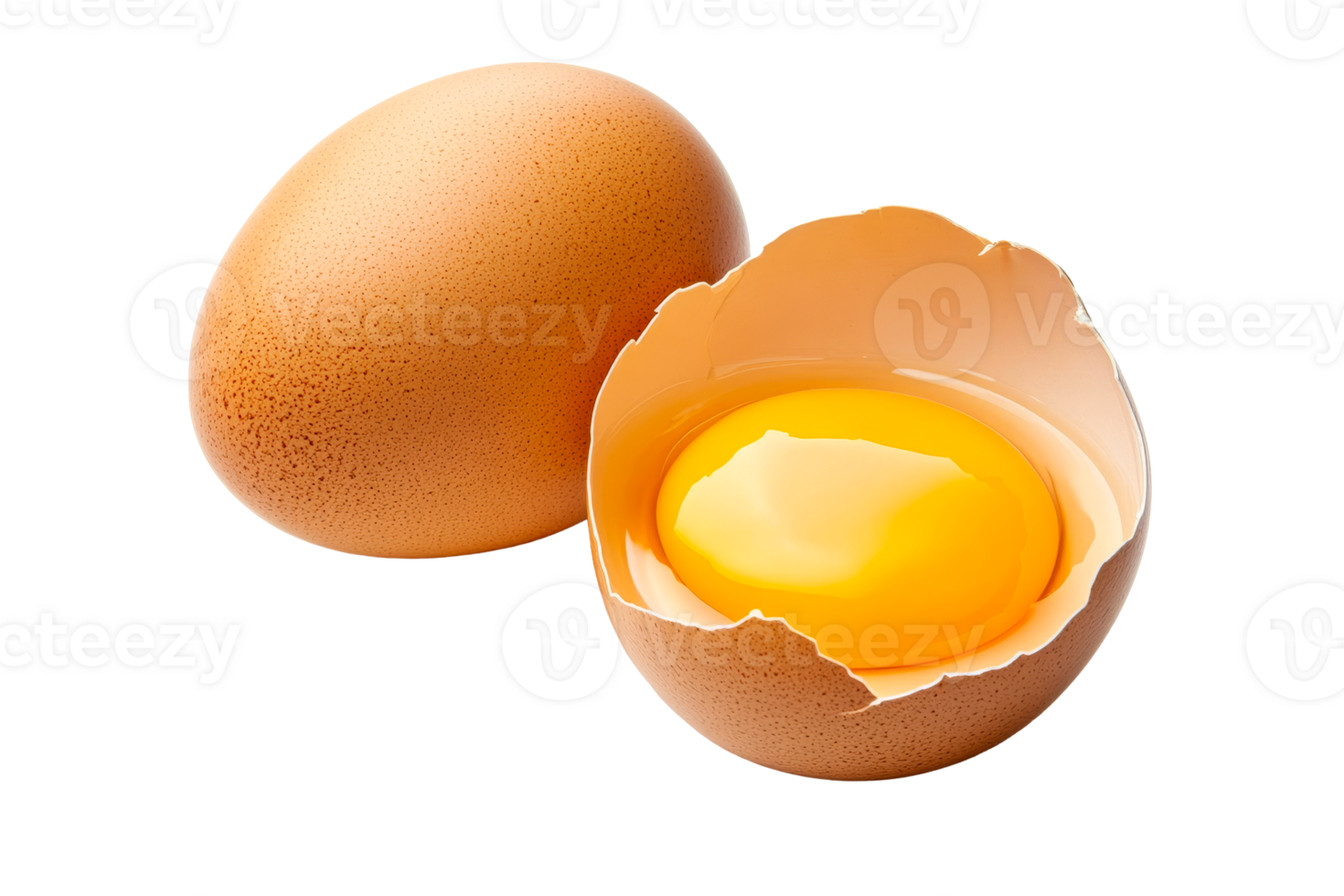 Fresh brown egg with cracked shell and yolk on transparent background png