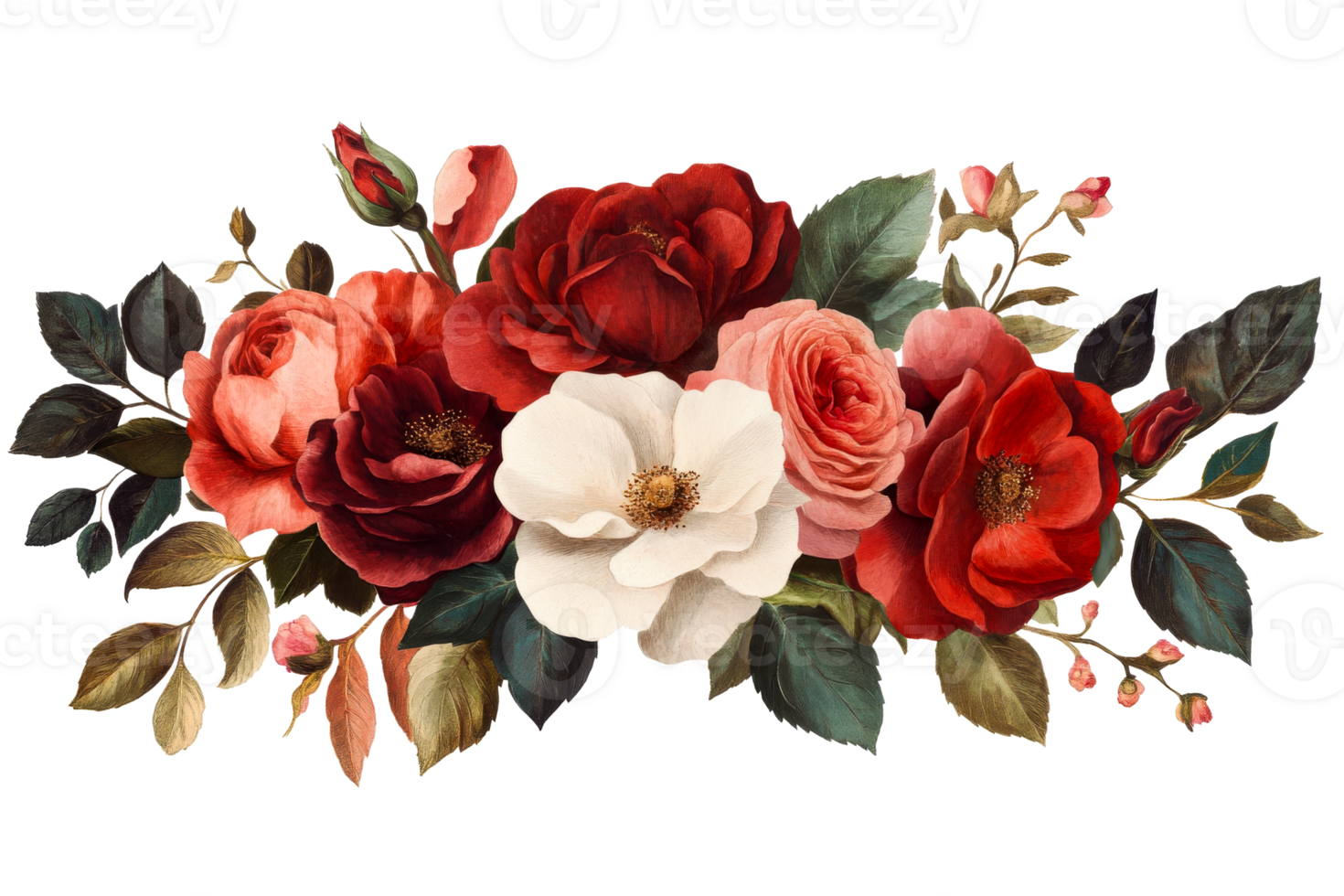 Floral arrangement with roses and leaves on transparent bg png