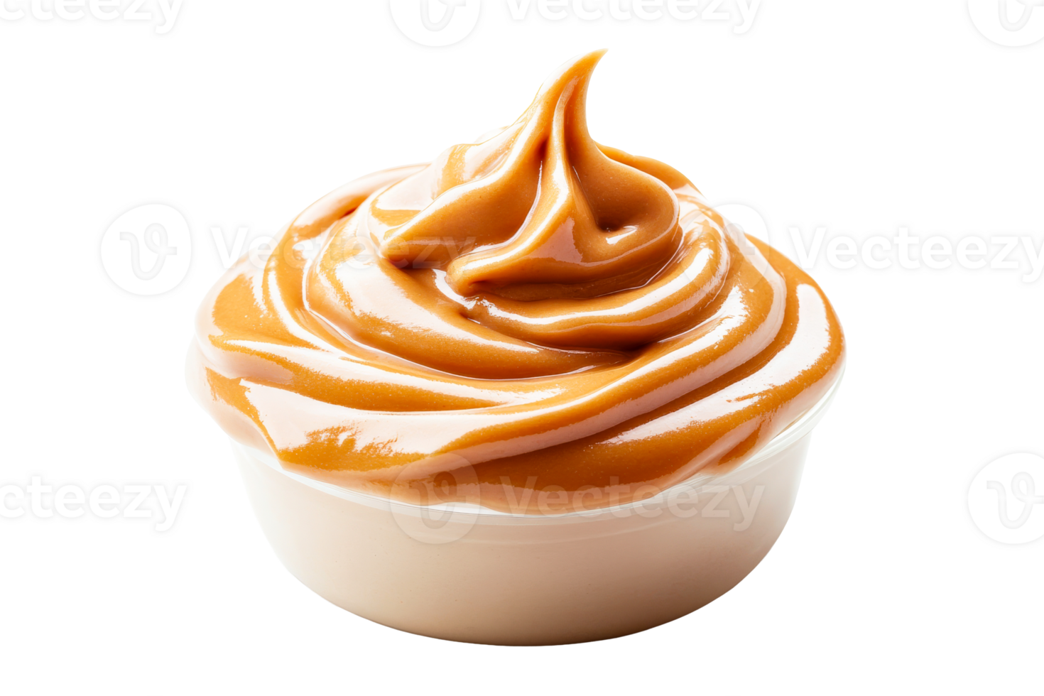 Creamy caramel dessert swirled in a dish on transparent background png