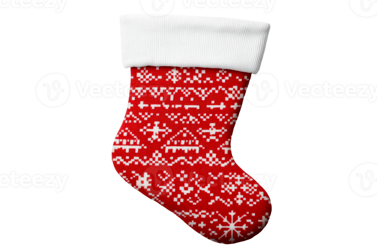 Red Christmas stocking with white winter patterns for festive decor png