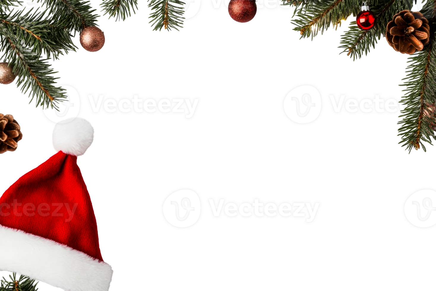 Festive red hat and holiday decorations with pine branches png