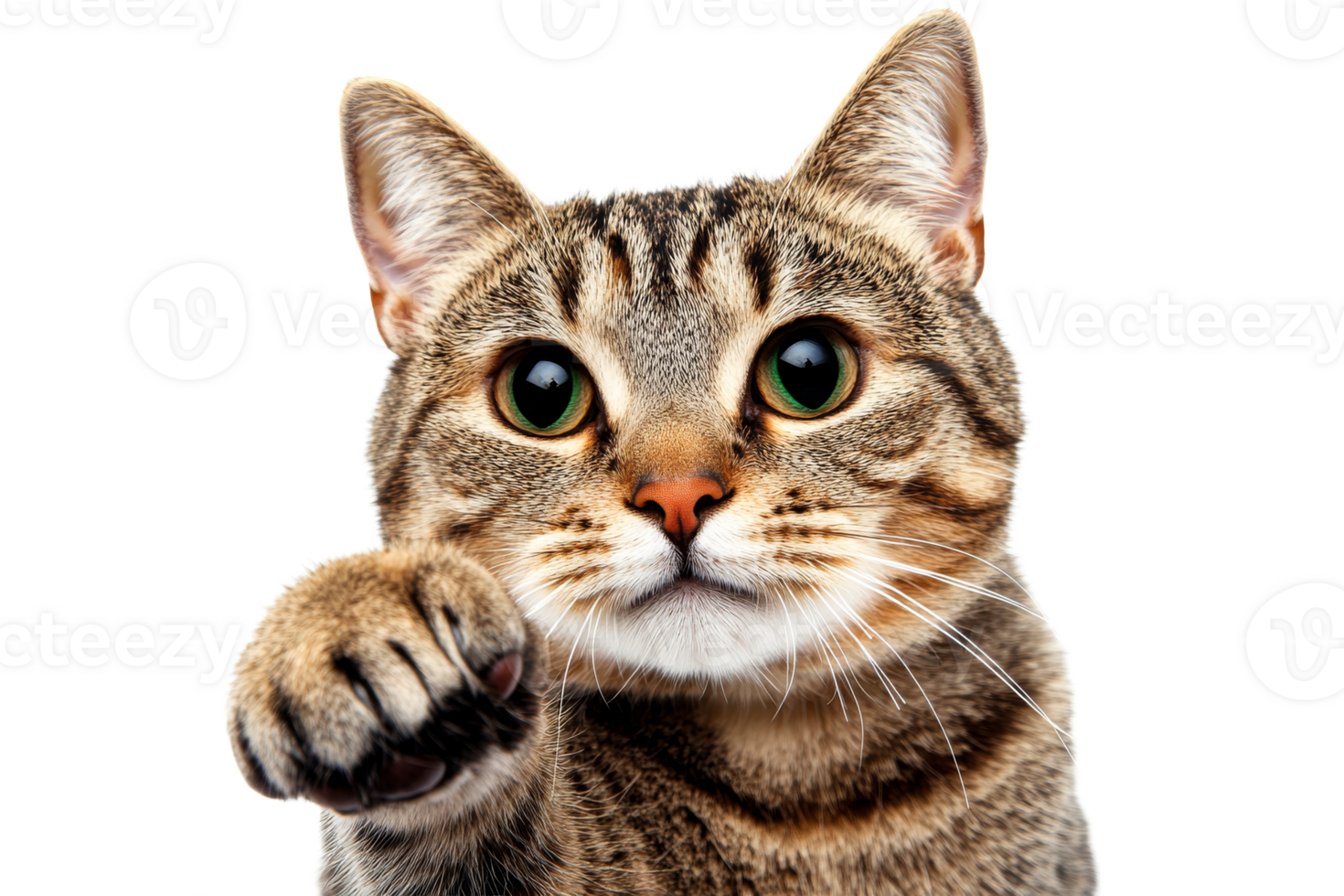 Cat with striking green eyes reaching out on a transparent background png