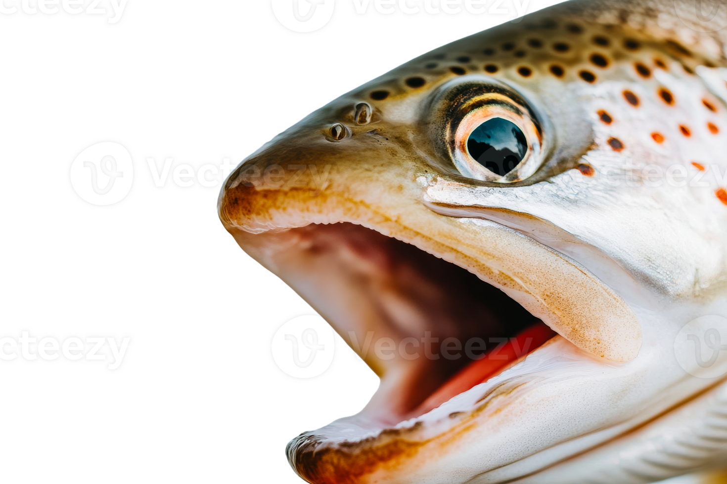 Fish head of a brown trout with open mouth and expressive features png