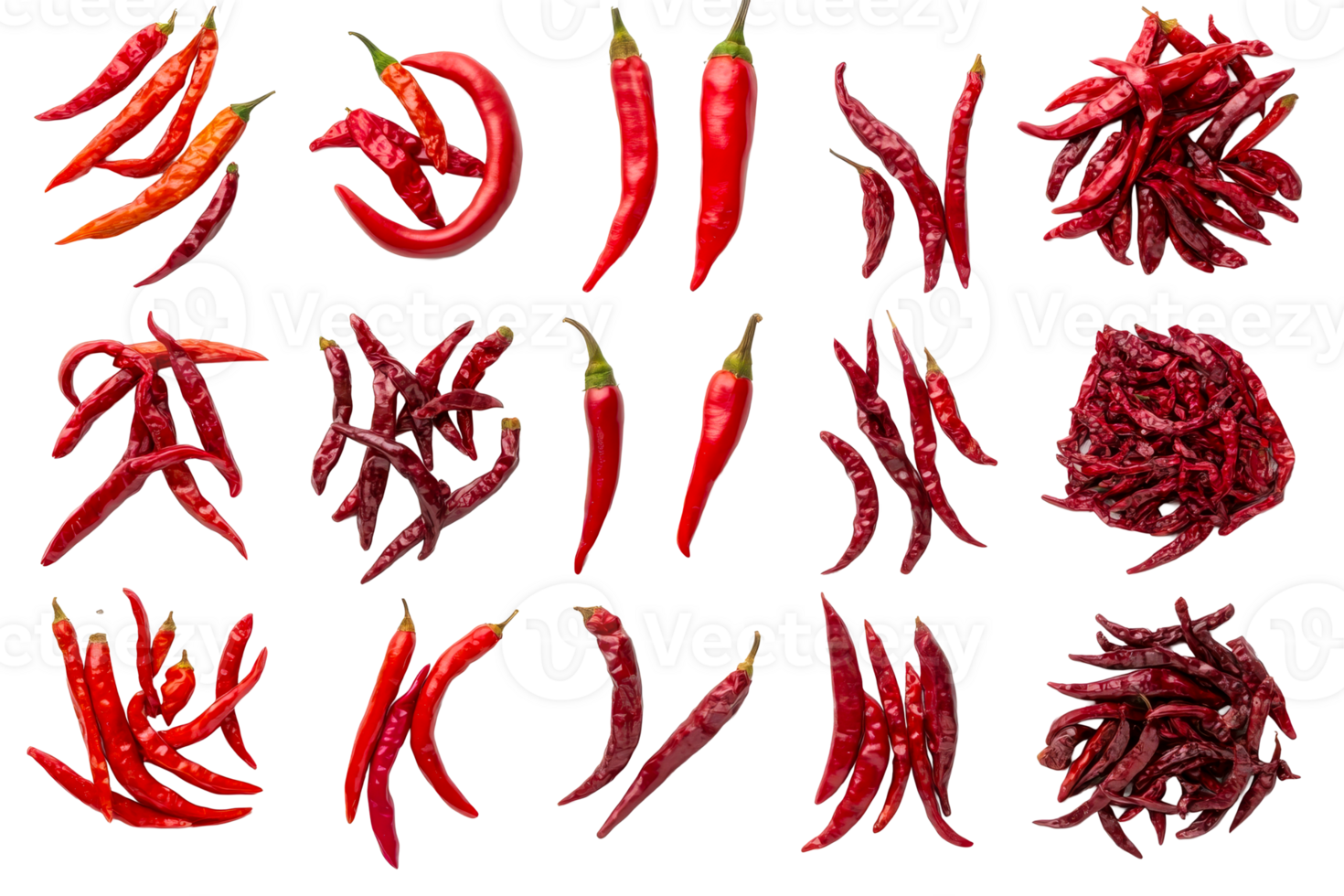 Variety of red chili peppers on a transparent background png