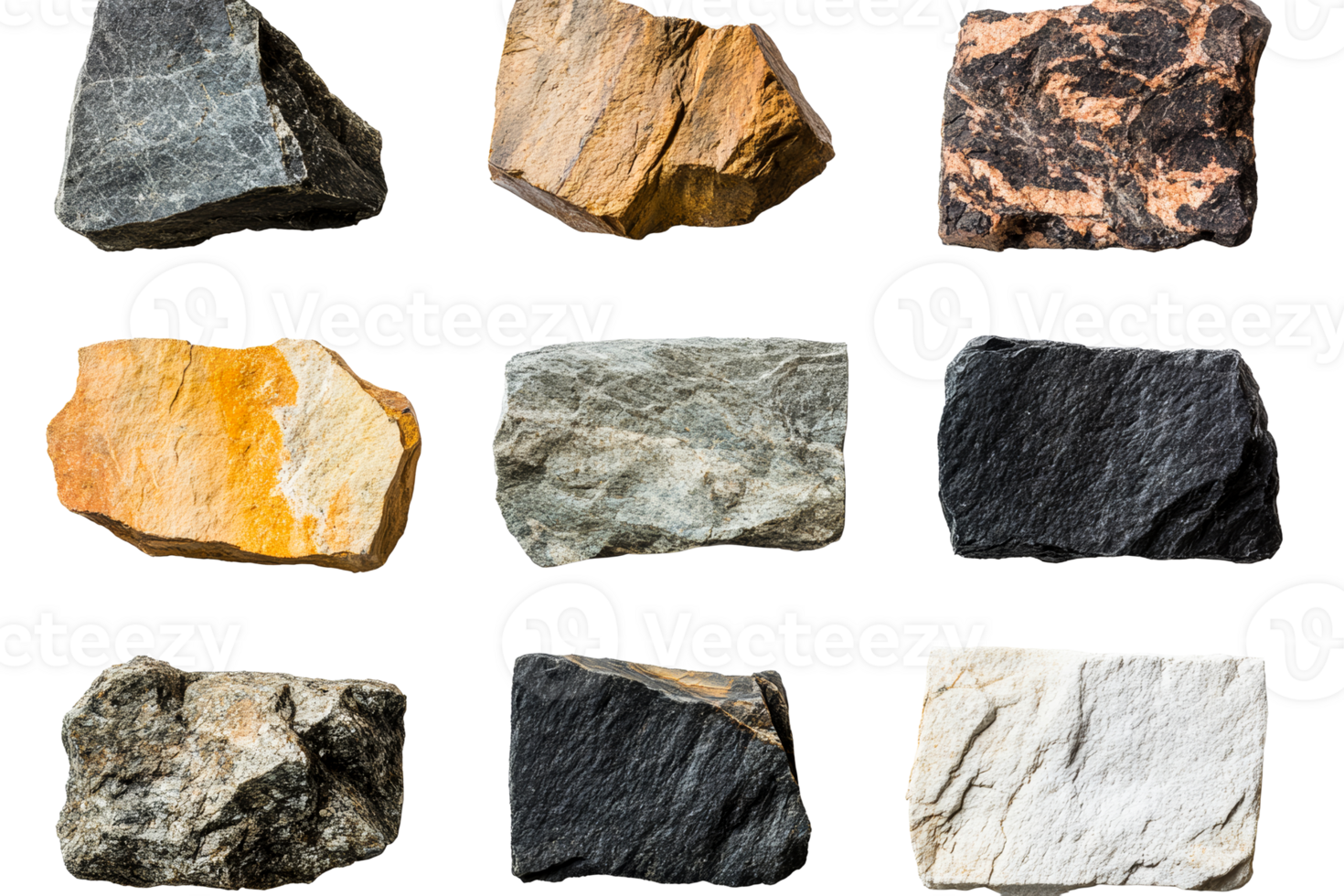 Collection of various rock types displayed on a transparent background png