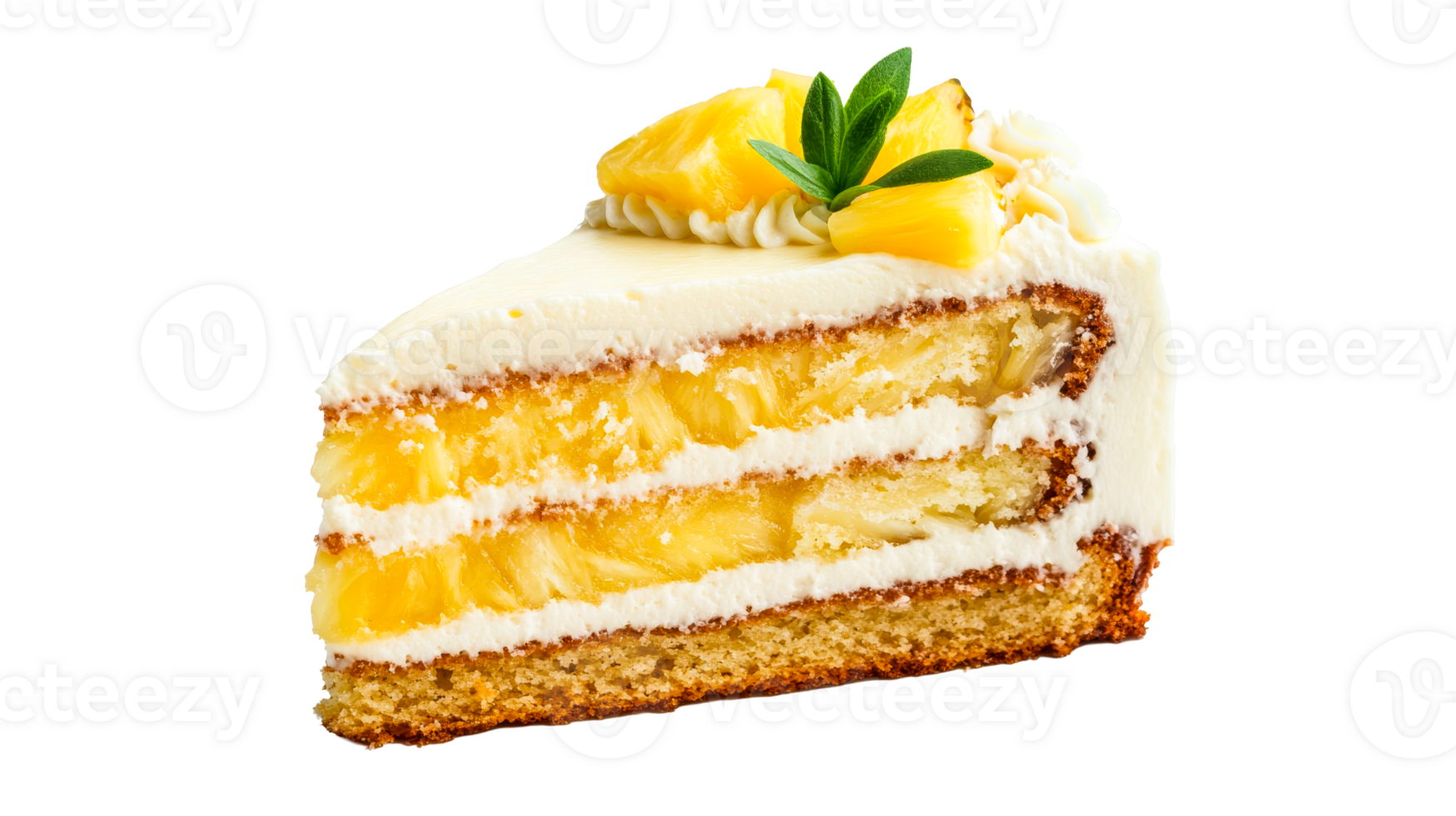 Delightful pineapple cake slice with creamy frosting and fruits png
