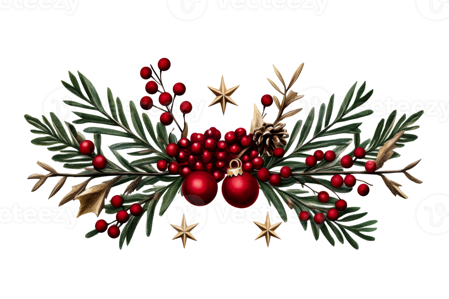 Festive holiday decoration with red berries and pine branches png
