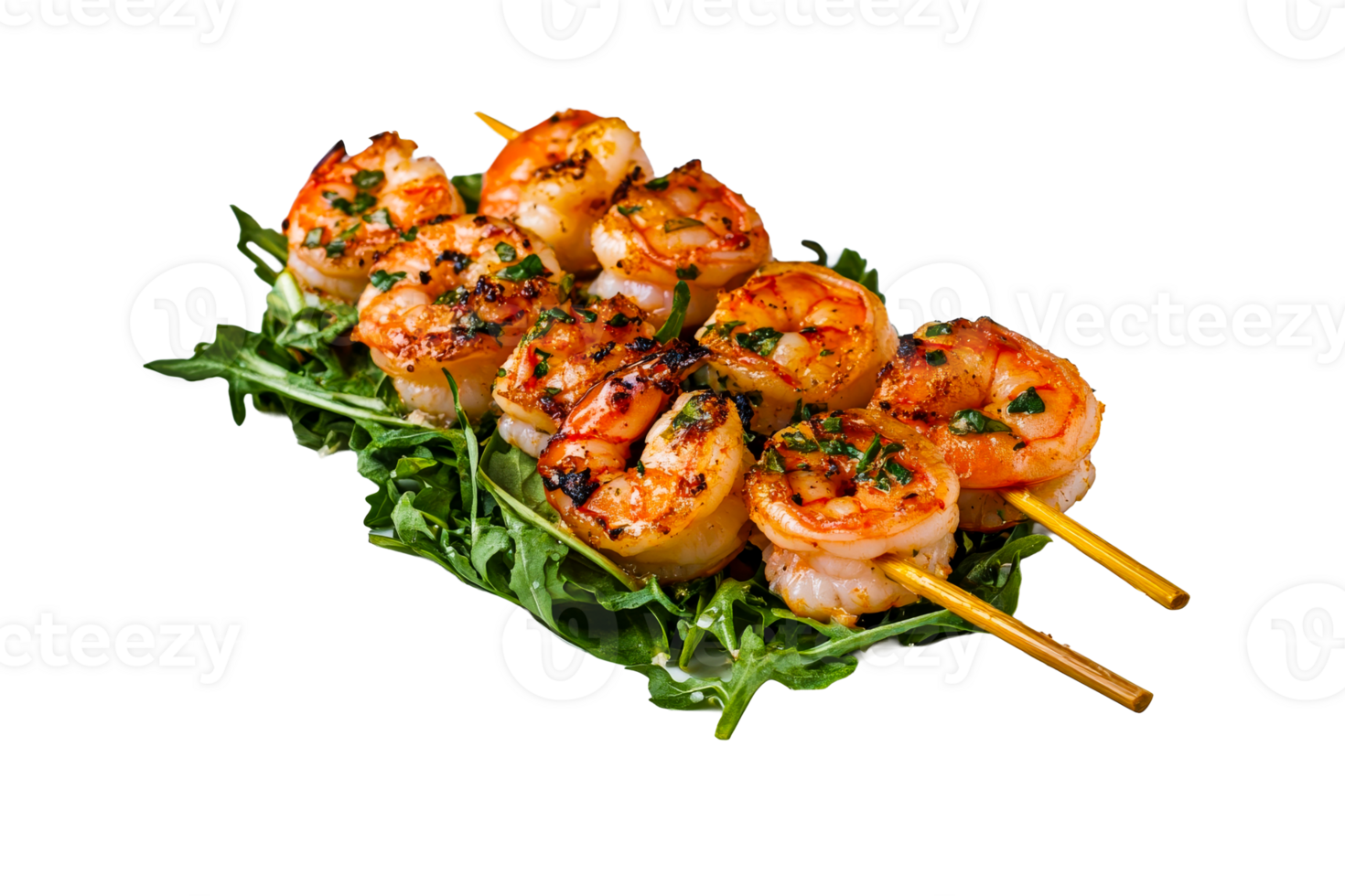 Grilled shrimp skewers on arugula with fresh herbs and seasonings png