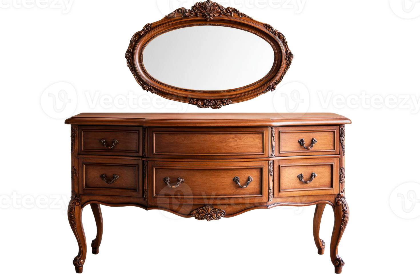 Elegant wooden dresser with ornate mirror on a transparent background png