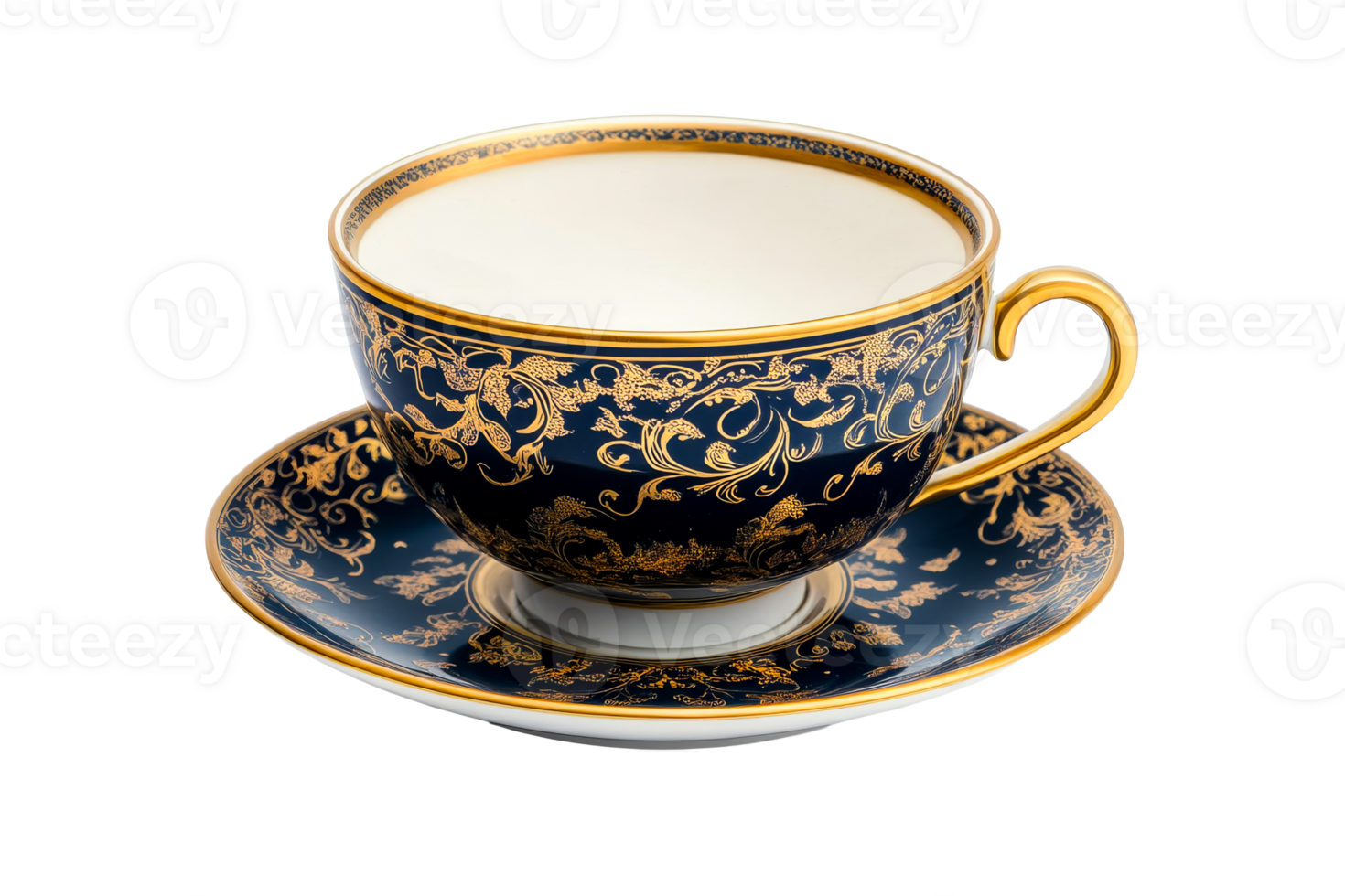 Elegant porcelain cup and saucer with intricate gold design png