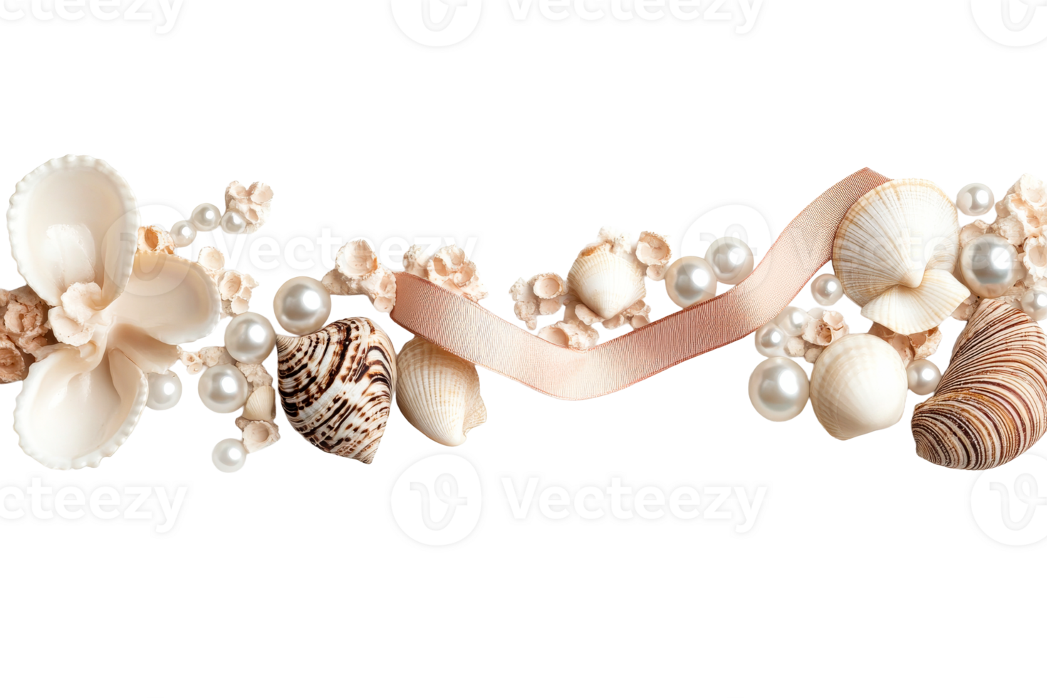 Decorative seashell arrangement with pearls and ribbon accents png