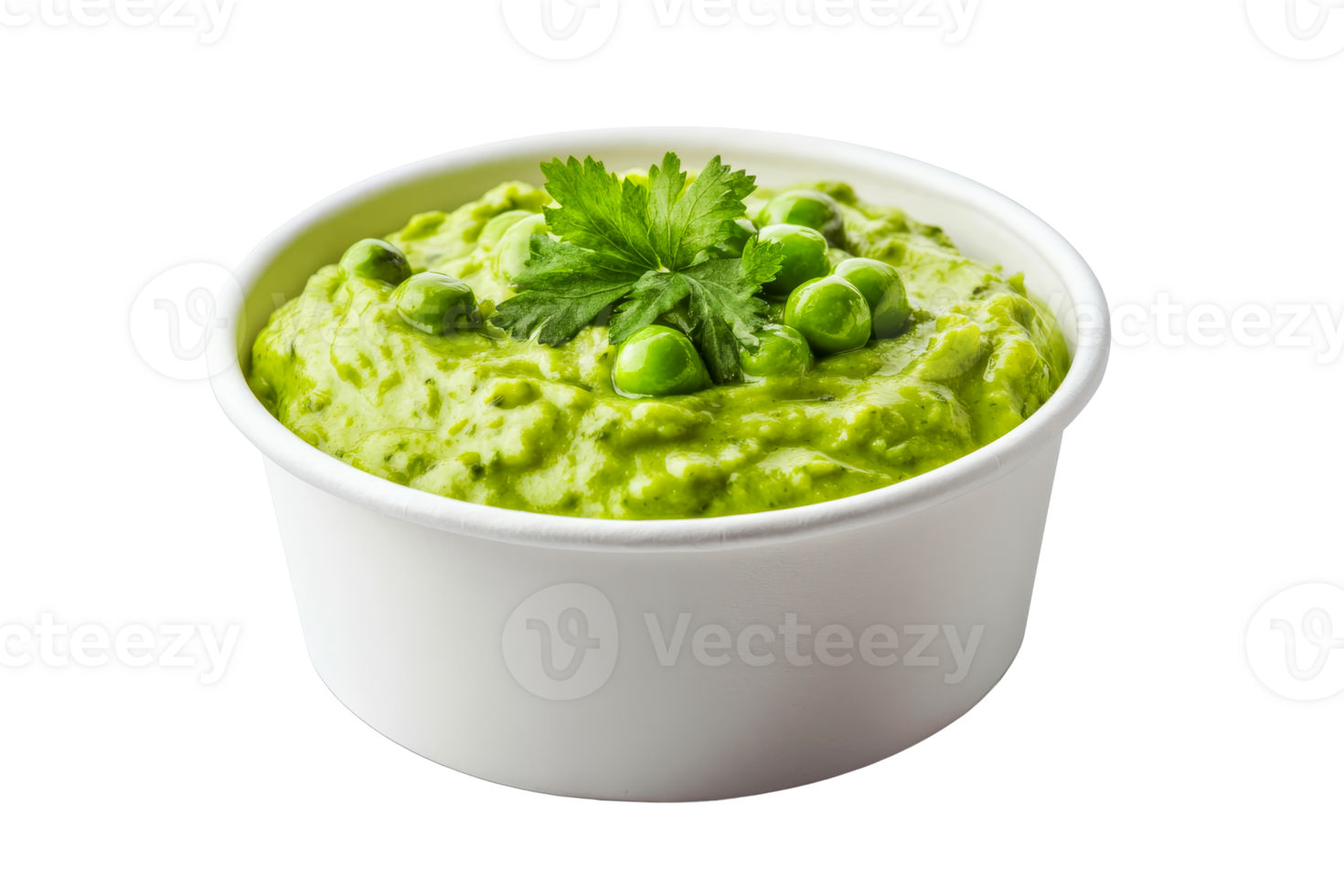 Creamy green pea dip garnished with herbs in a white bowl png