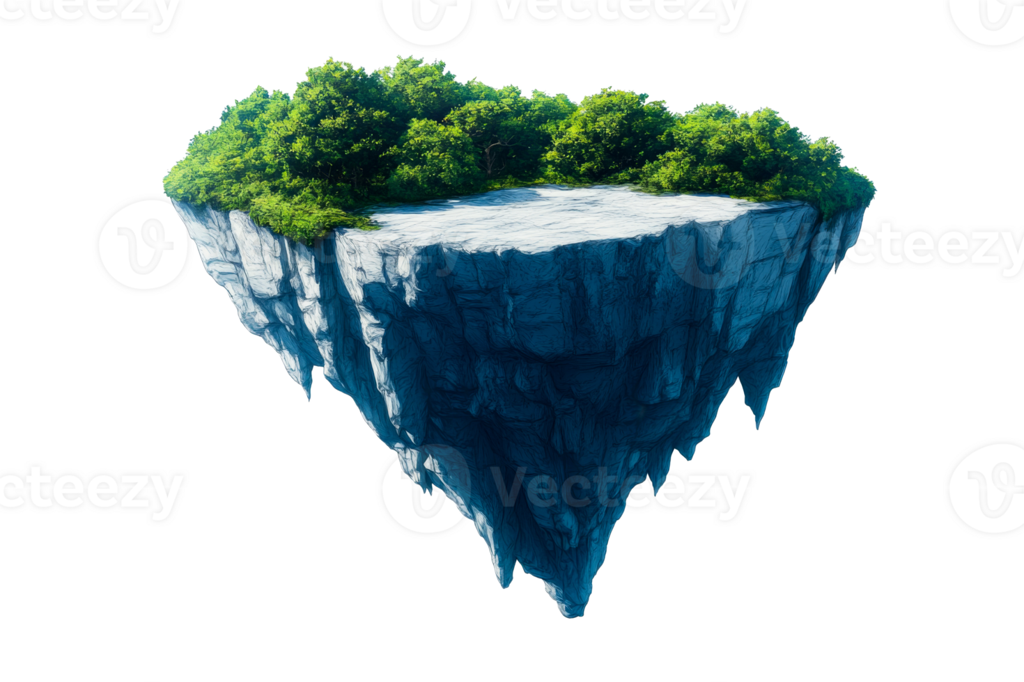 Floating island with lush greenery and rocky base in bright light png