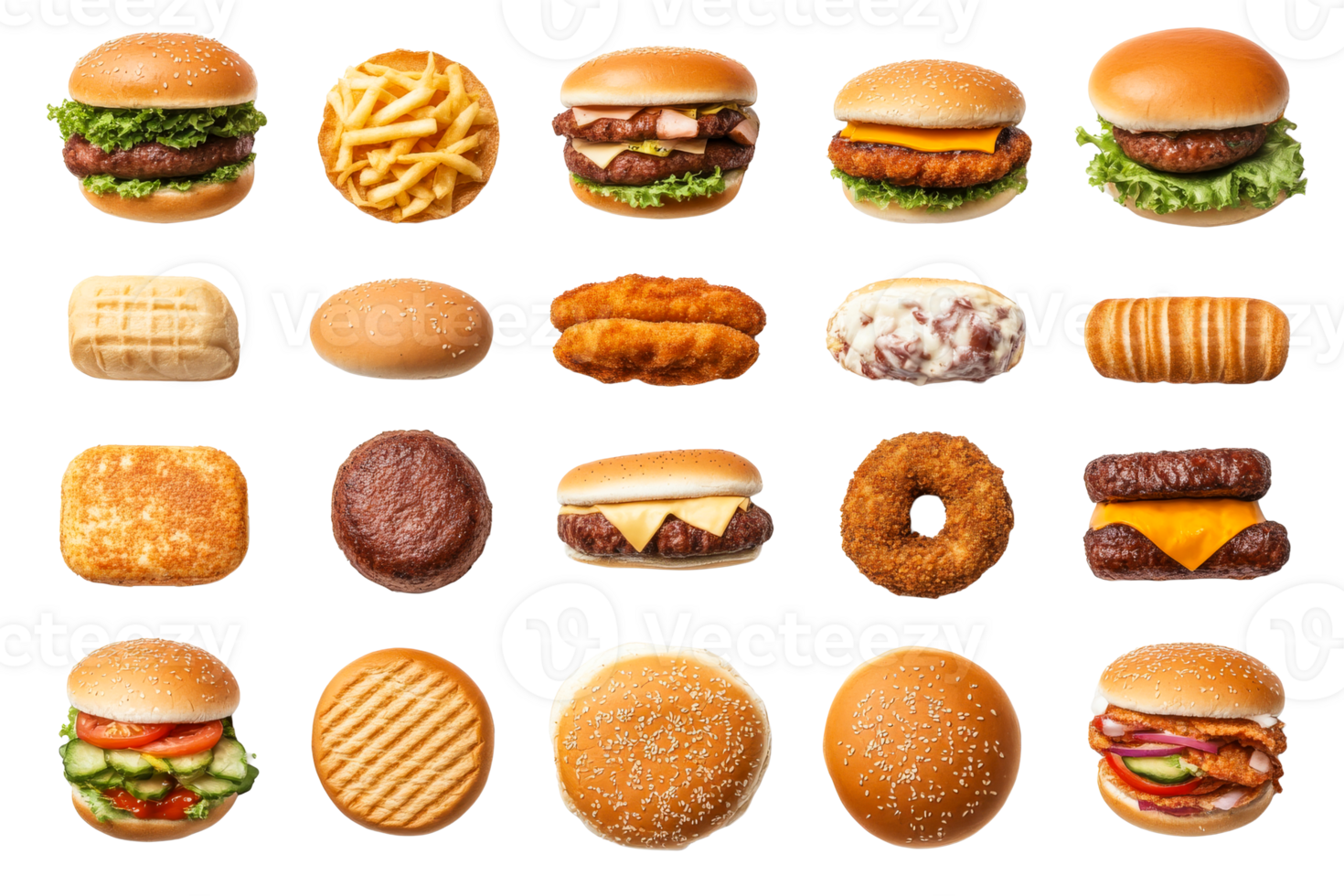 Variety of fast food items featuring burgers, fries, and desserts png