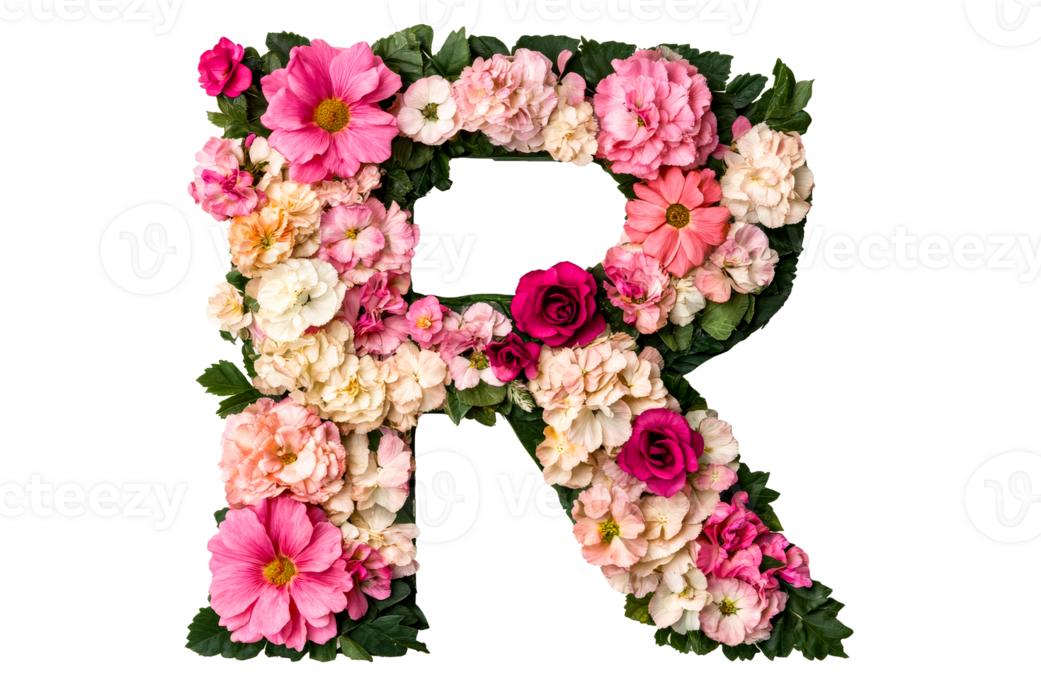 Floral letter R design with various pink and cream flowers png