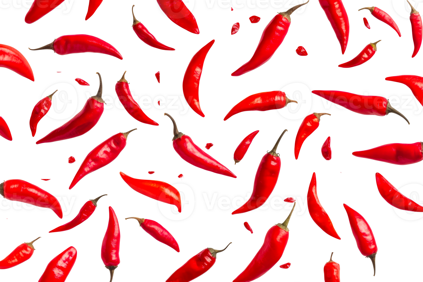 Bright red chili peppers scattered on transparent background png