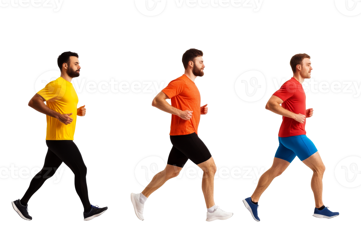 Men jogging in colorful athletic wear on a transparent background png