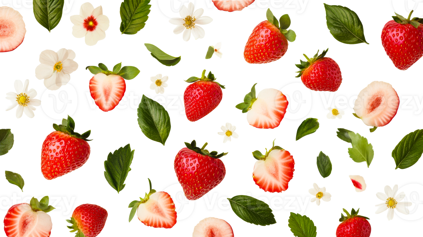Fresh strawberries with green leaves and white flowers on a background png