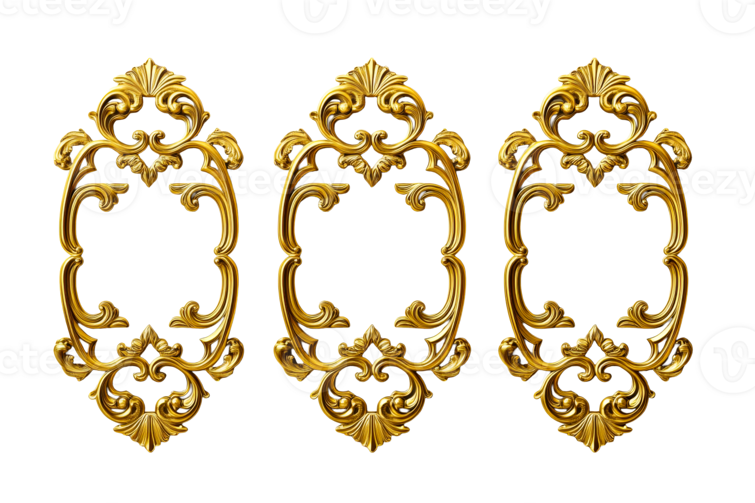 Three ornate golden frames showcase detailed craftsmanship png