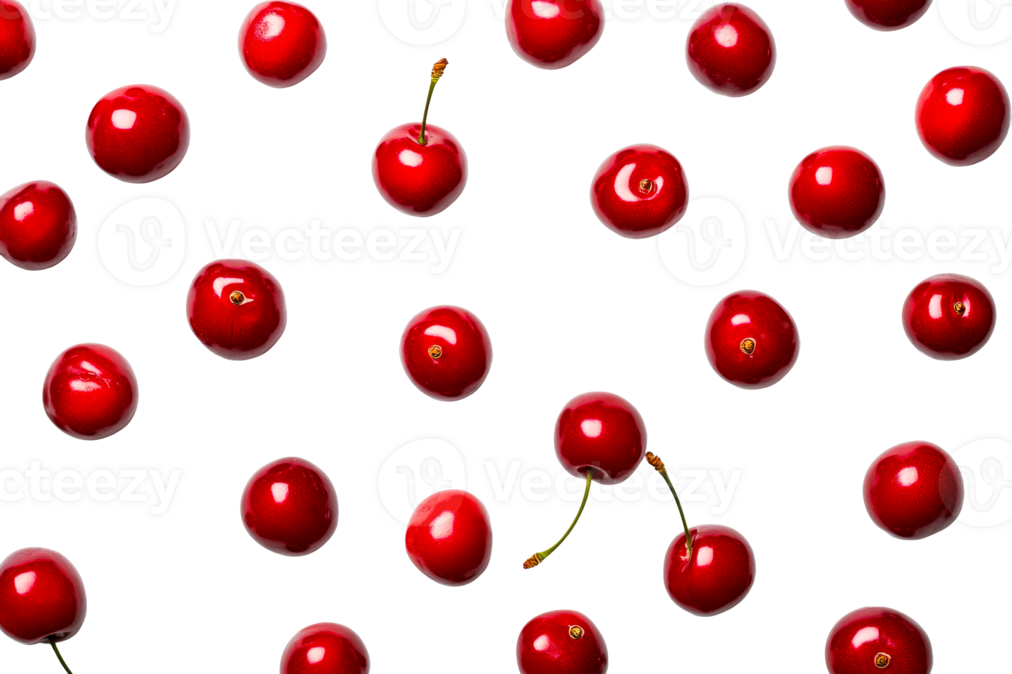 Fresh red cherries scattered on a transparent background png