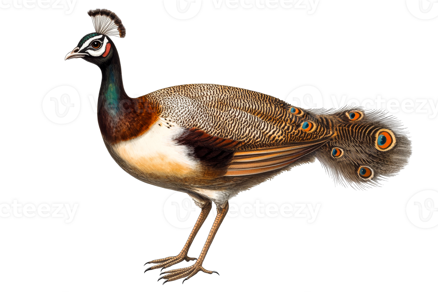 Detailed illustration of a peacock with transparent background png