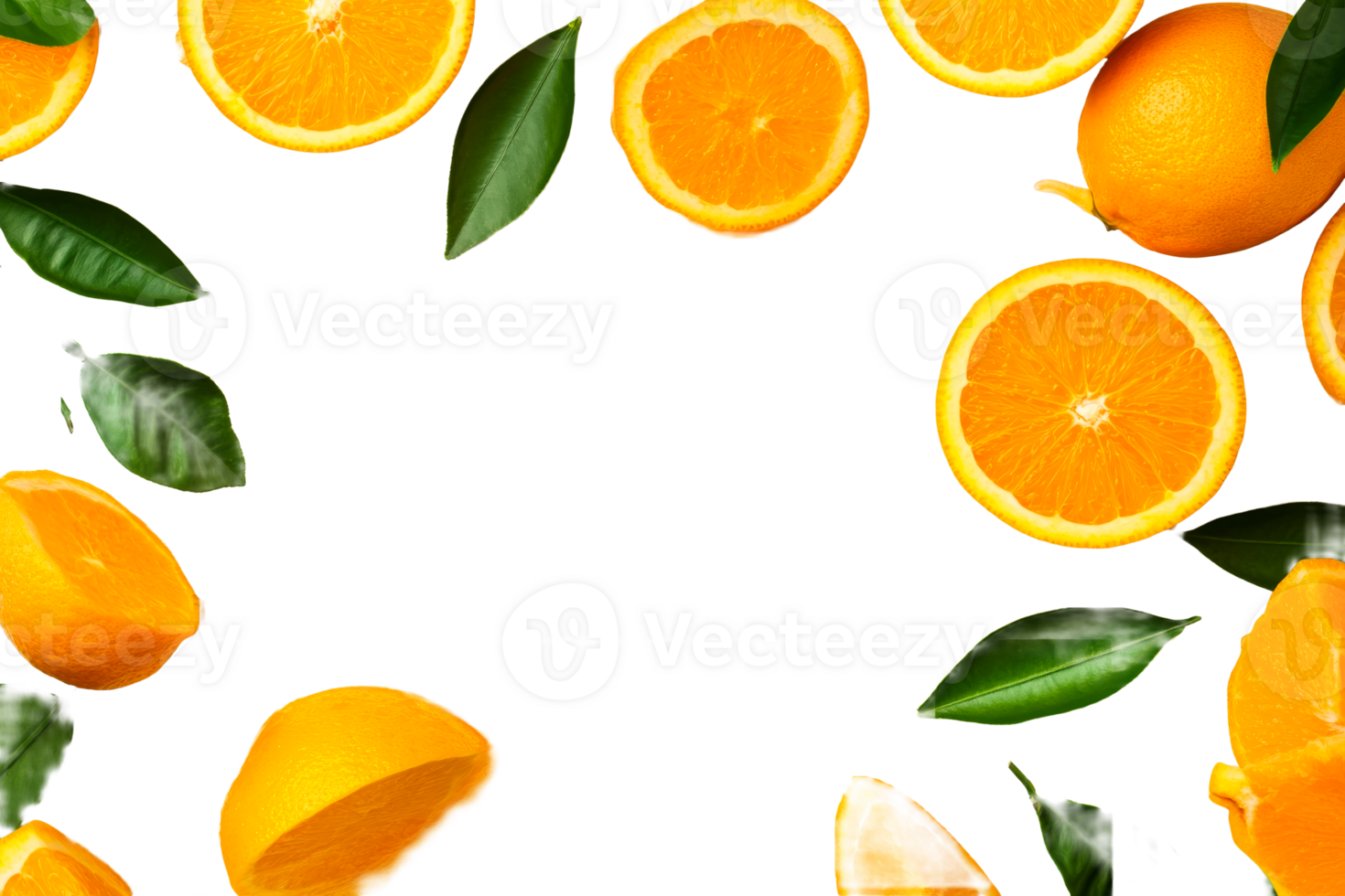 Bright oranges and green leaves arranged on transparent background png