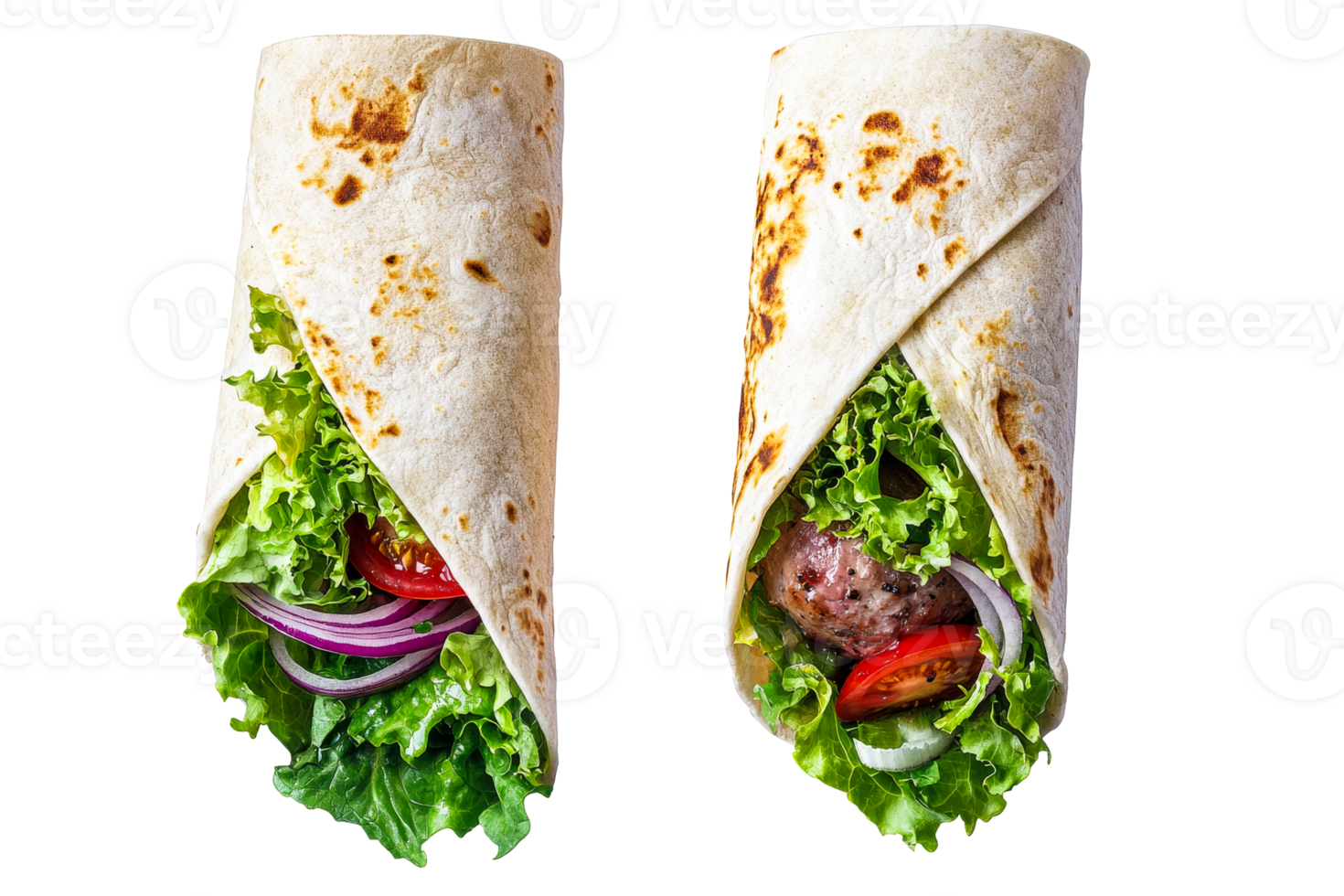 Freshly wrapped lettuce and tomato meal in soft flatbread at lunch png