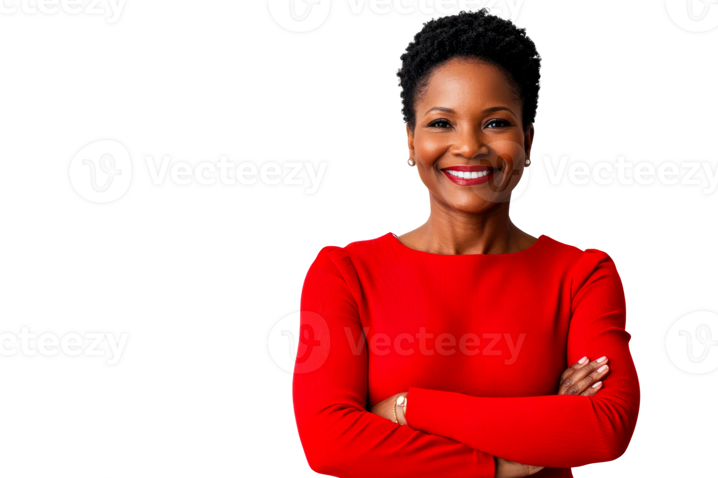 Confident woman smiling with arms crossed in a red dress png