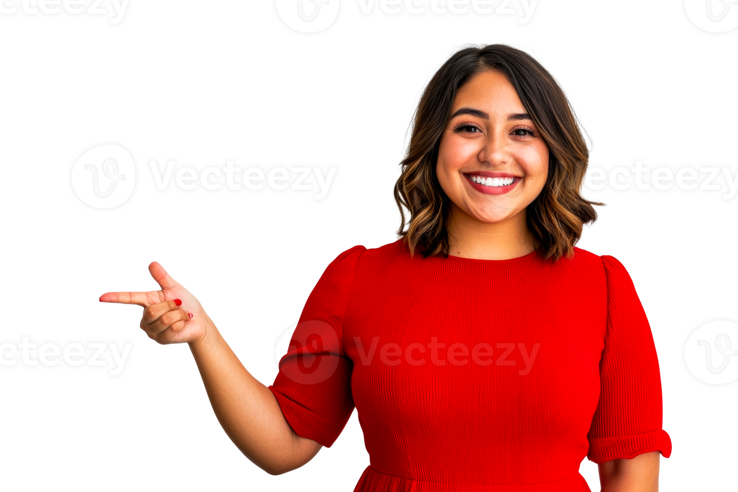 Cheerful woman in red dress pointing with transparent background png