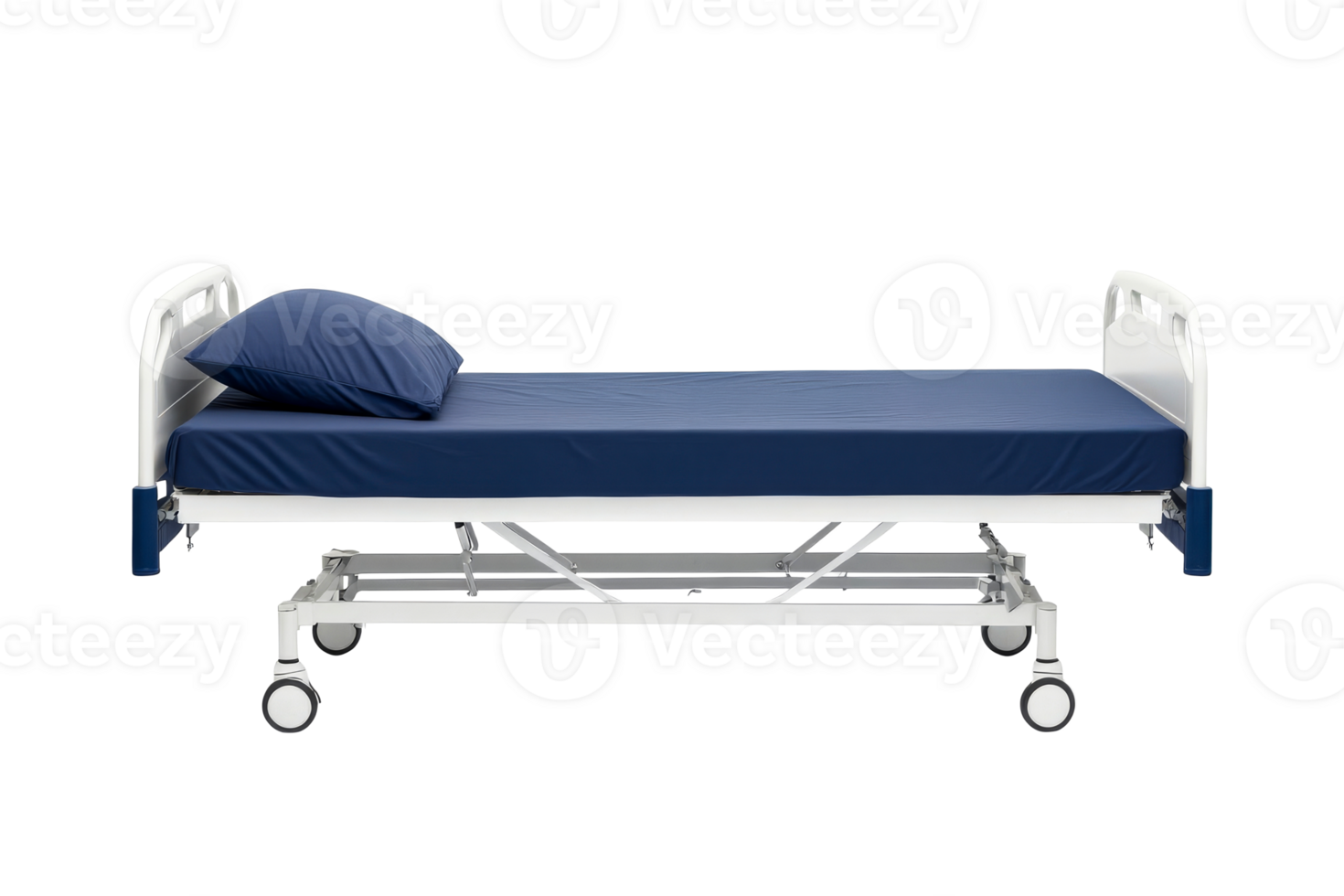 Adjustable hospital bed with blue mattress on clear background png
