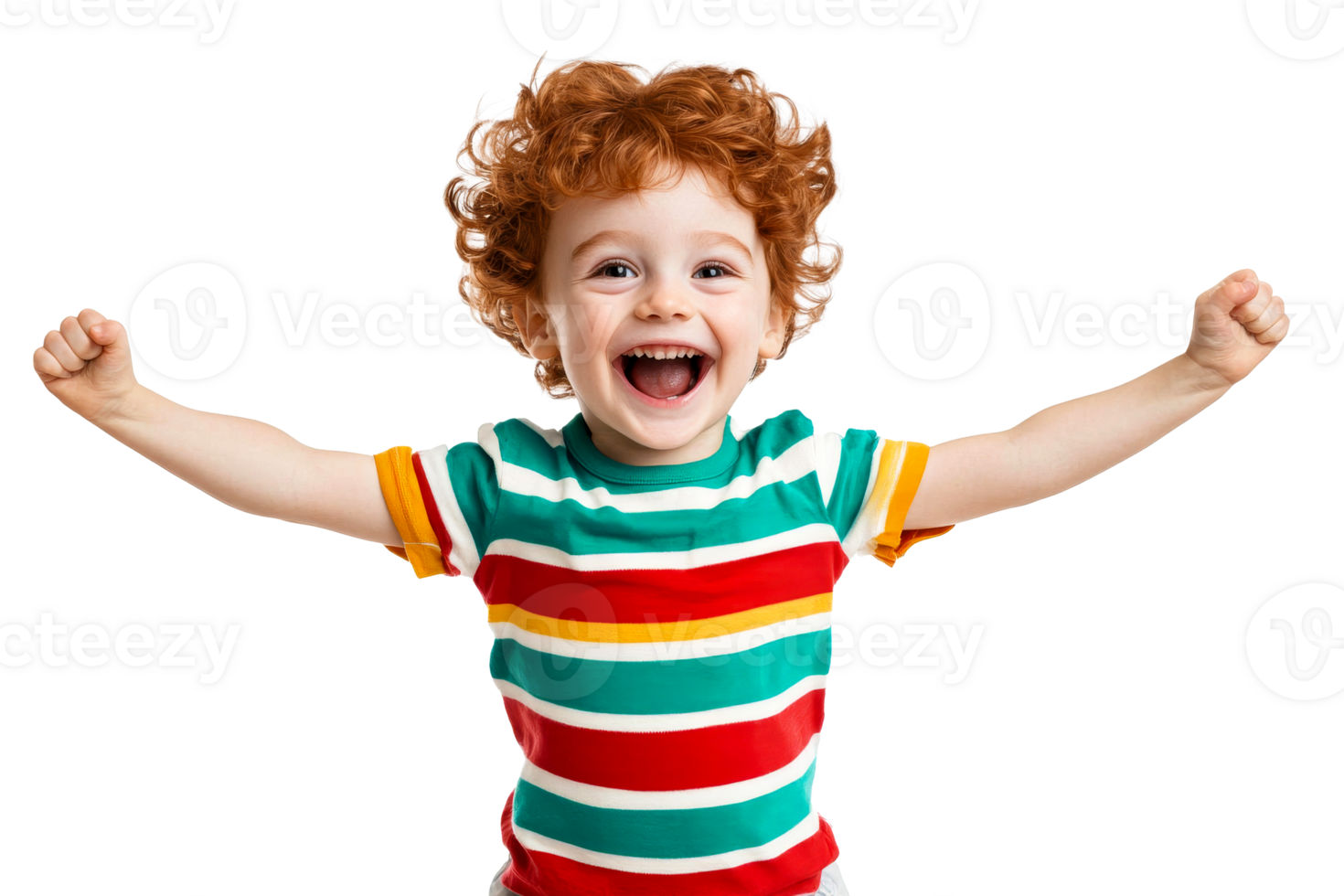 Happy child celebrating with arms raised in colorful striped shirt png