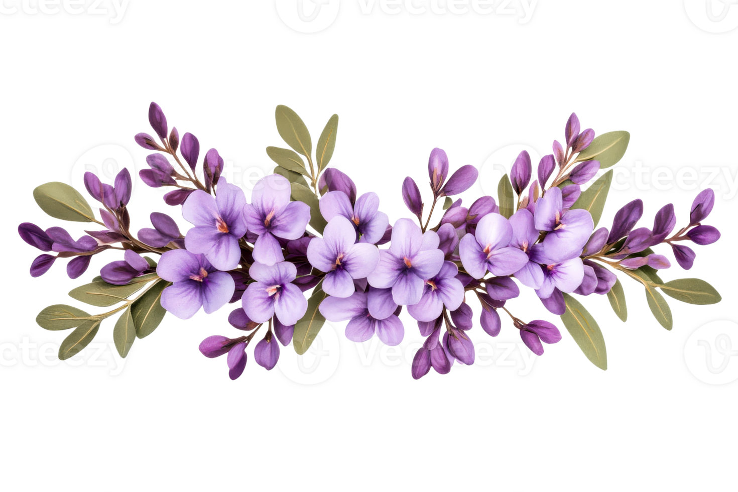 Symmetrical purple flowers with green leaves on clear background png