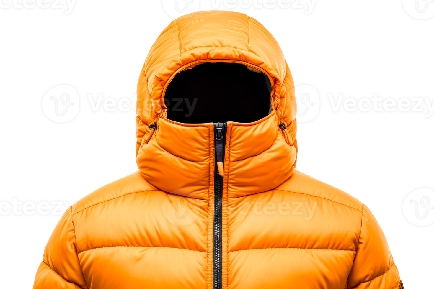 Bright orange puffer jacket with hood on transparent background png