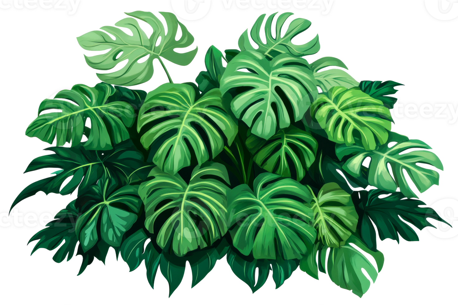 Lush green monstera leaves with vibrant patterns for design png