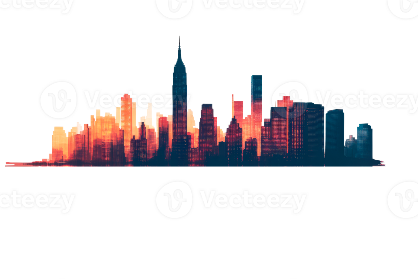 City skyline silhouette at sunset with vibrant colors and shadows png