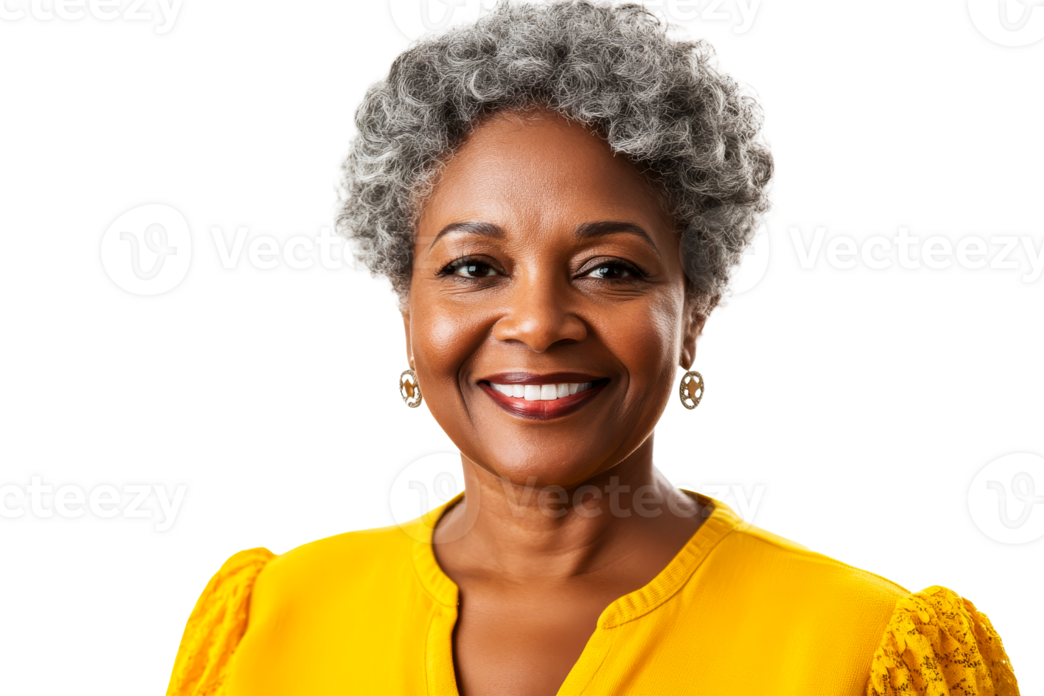 Senior woman with gray hair wearing a yellow blouse and smiling warmly png