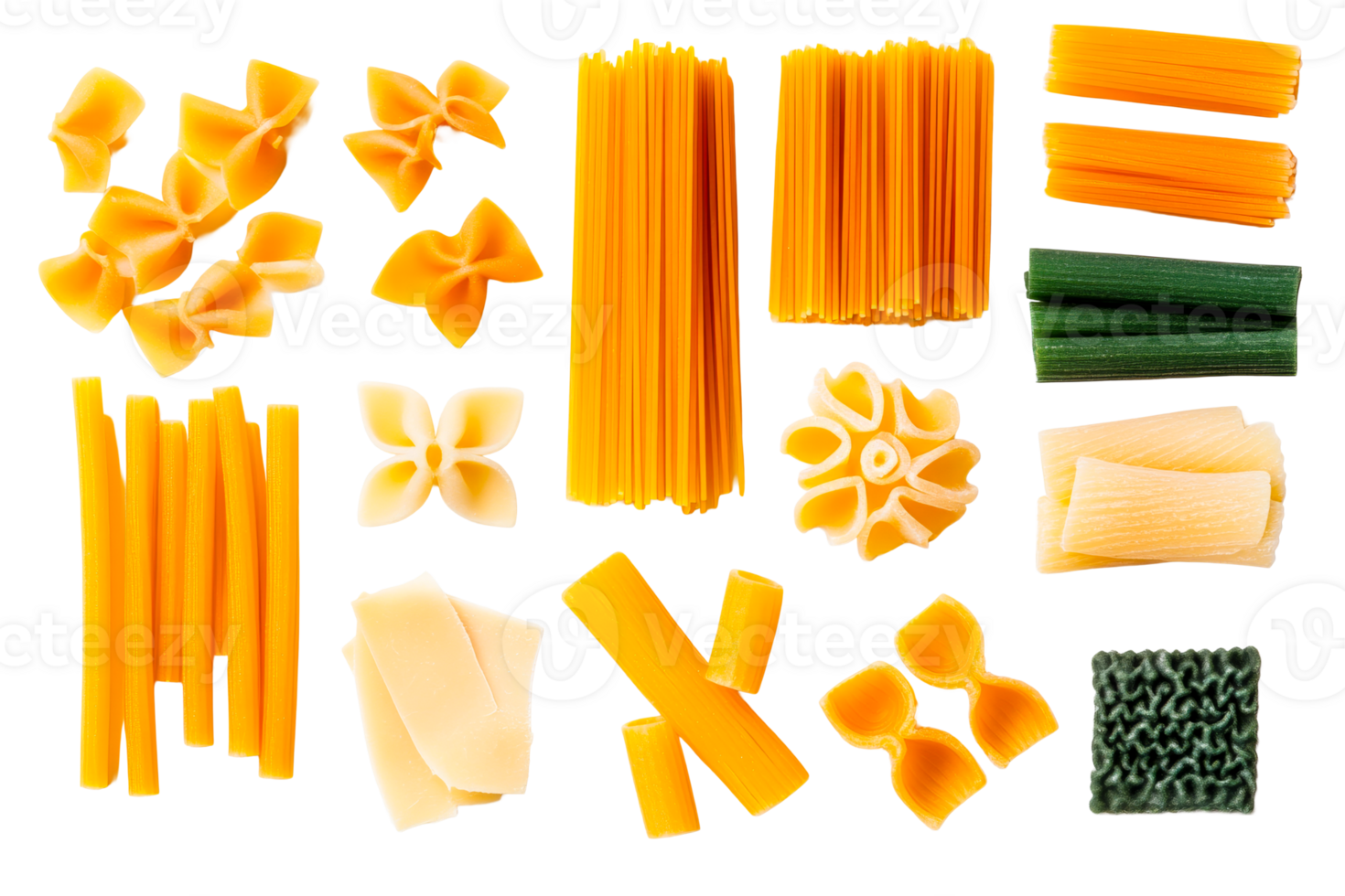 Variety of uncooked pasta shapes on transparent background png