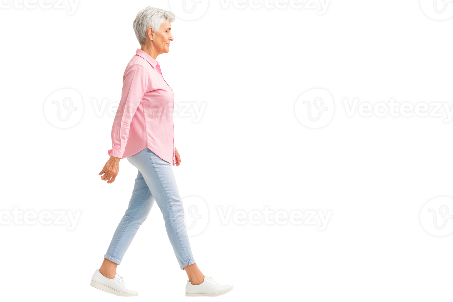 Senior woman walking in casual attire on transparent background png