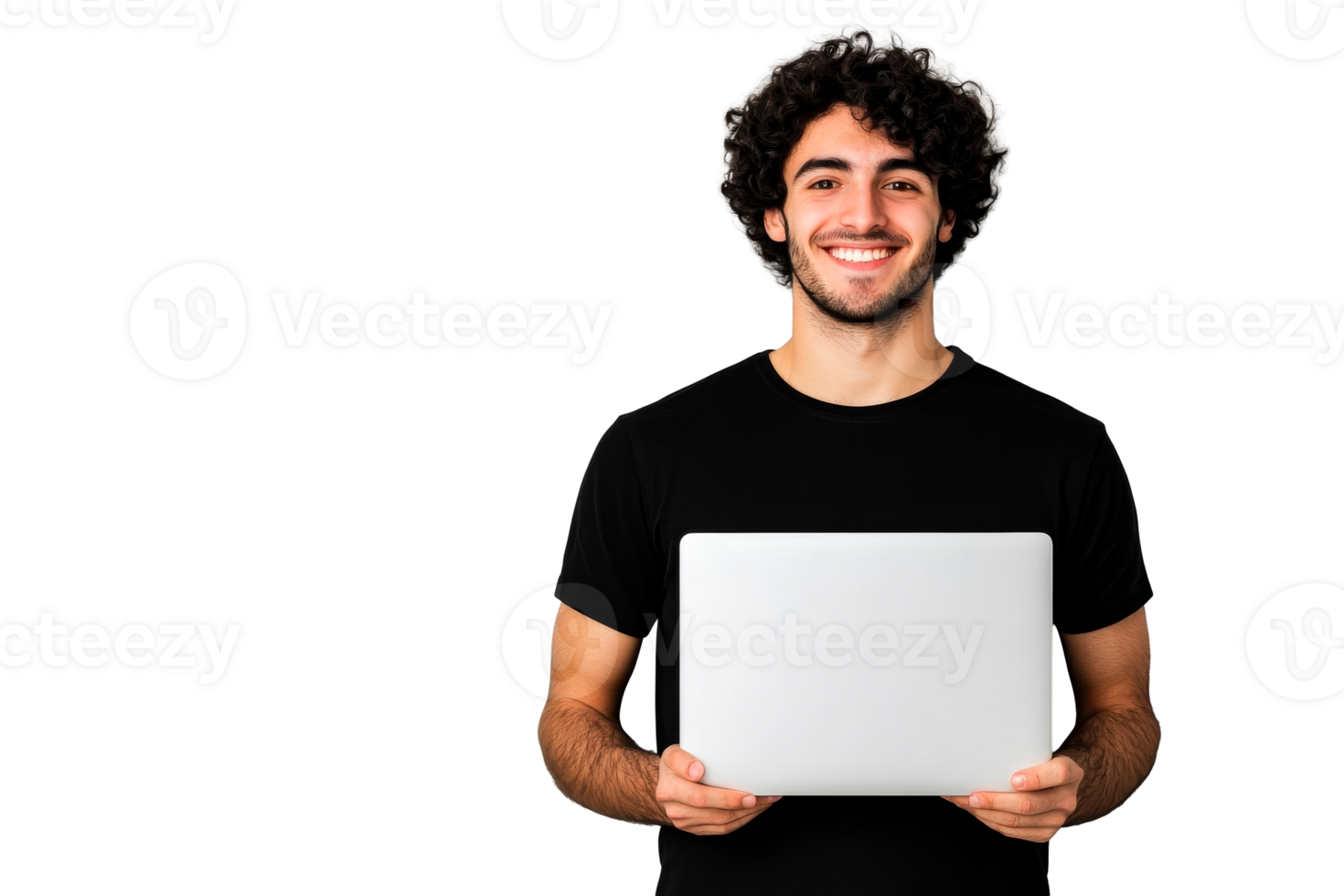 Young man smiling while holding a laptop in a bright setting png