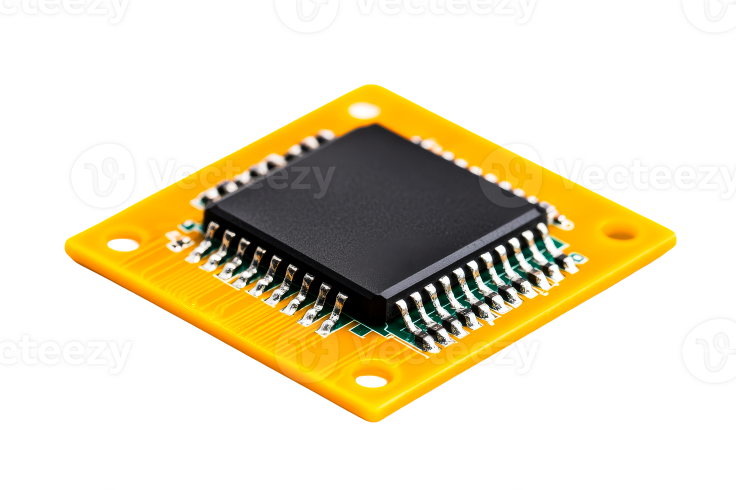 Microchip on yellow circuit board with transparent background png
