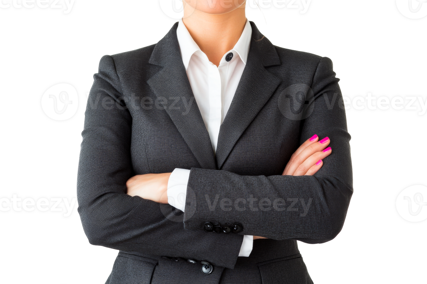 Confident businesswoman with arms crossed in professional attire png