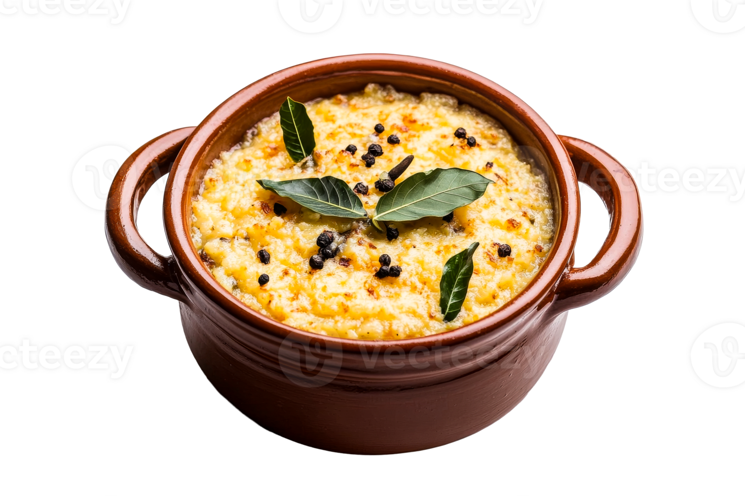 Herb infused casserole in a clay dish on a clear backdrop png