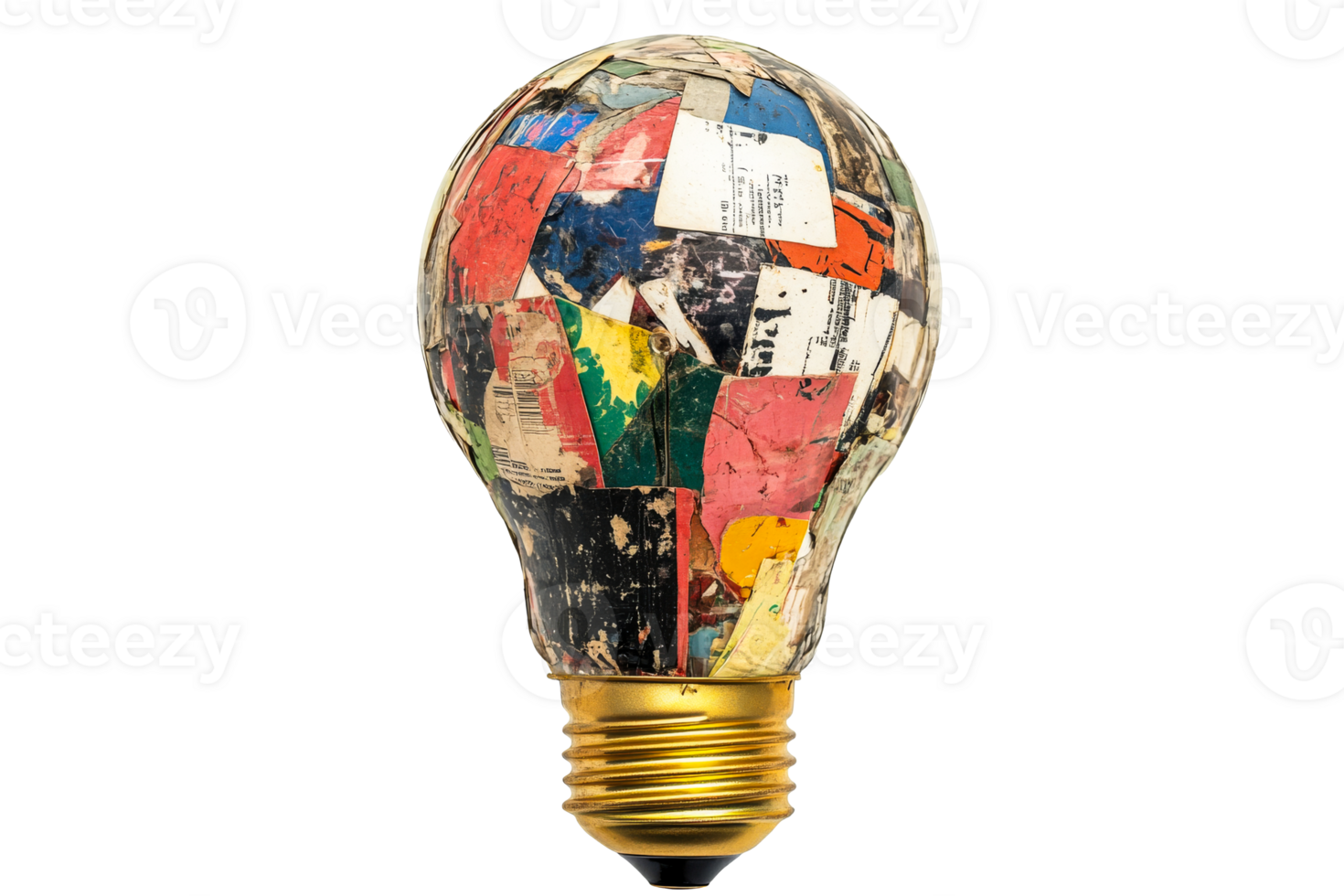 Colorful recycled light bulb design with collage art details png