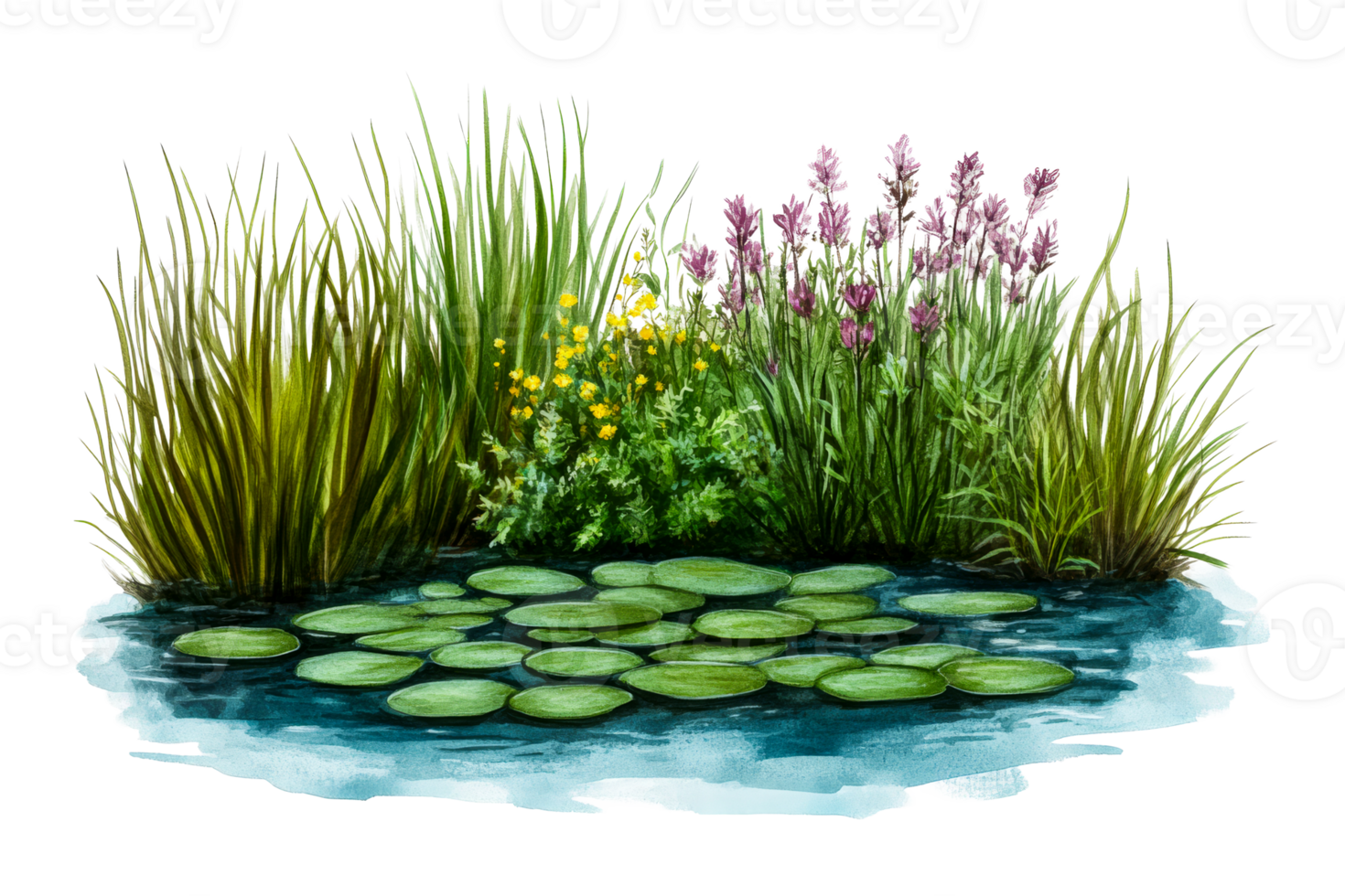 Lush pond landscape with lily pads and vibrant wildflowers png