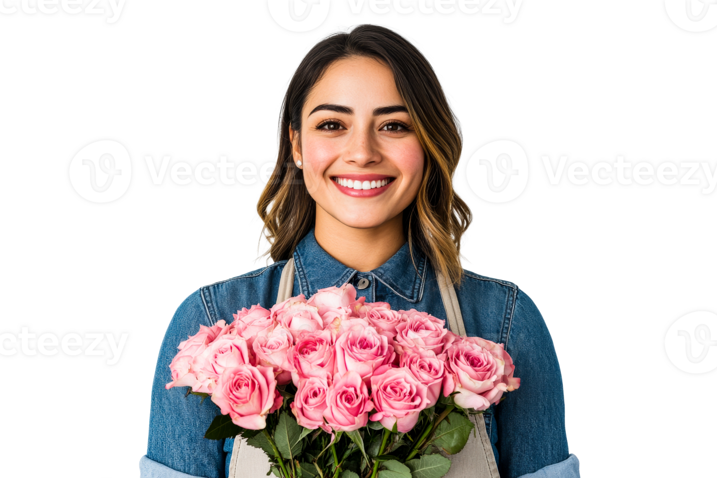 Woman with pink rose bouquet on transparent background png