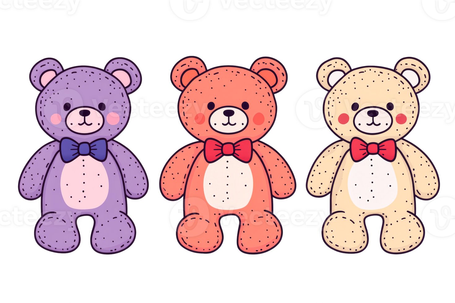 Cute teddy bears in various colors wearing bow ties png